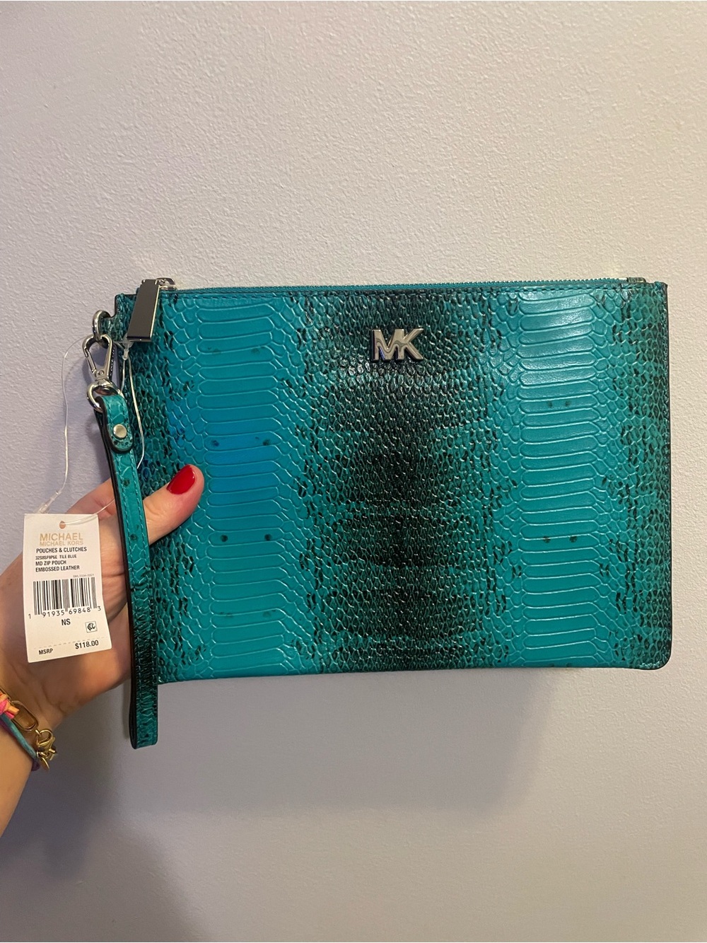 Michael Kors Teal Snake-Embossed Leather Wristlet Clutch